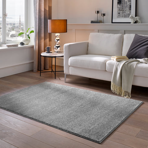 Kurzflor Teppich Designer | Flauschiger Flachflor fürs Wohnzimmer, Esszimmer, Schlafzimmer oder Kinderzimmer | Grau